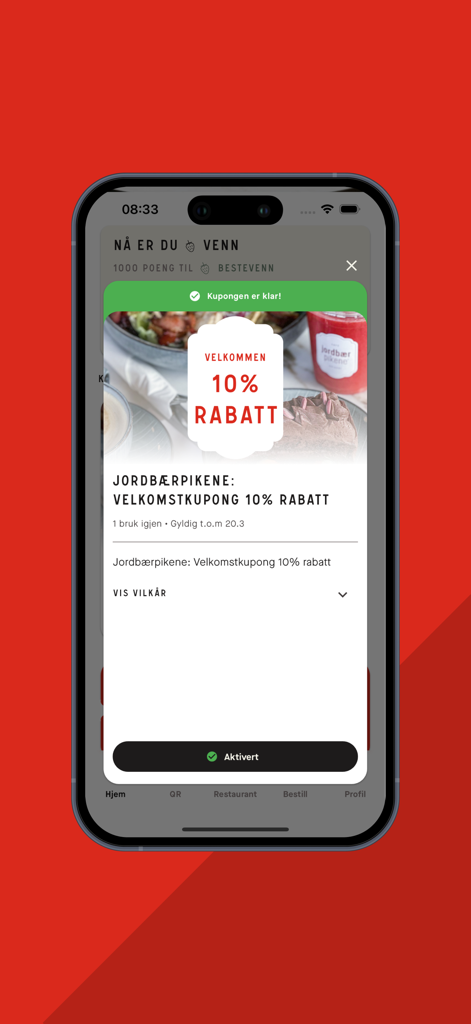 Jordbærpikene - Jordbaerpikene App-Oberfläche mit einem Willkommensrabattgutschein von 10 Prozent