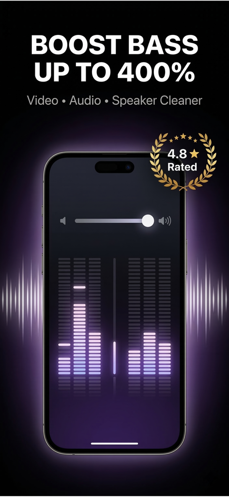 Bass Booster &Volume,Equalizer - Pantalla de iPhone que muestra un visualizador de frecuencia de audio y un control deslizante de volumen con el titular 'potenciar graves hasta un 400 por ciento'