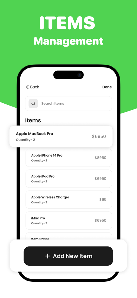 Invoice Maker - Simple Bills - A mobile app screen showing a list of business items with their quantities and prices for invoicing