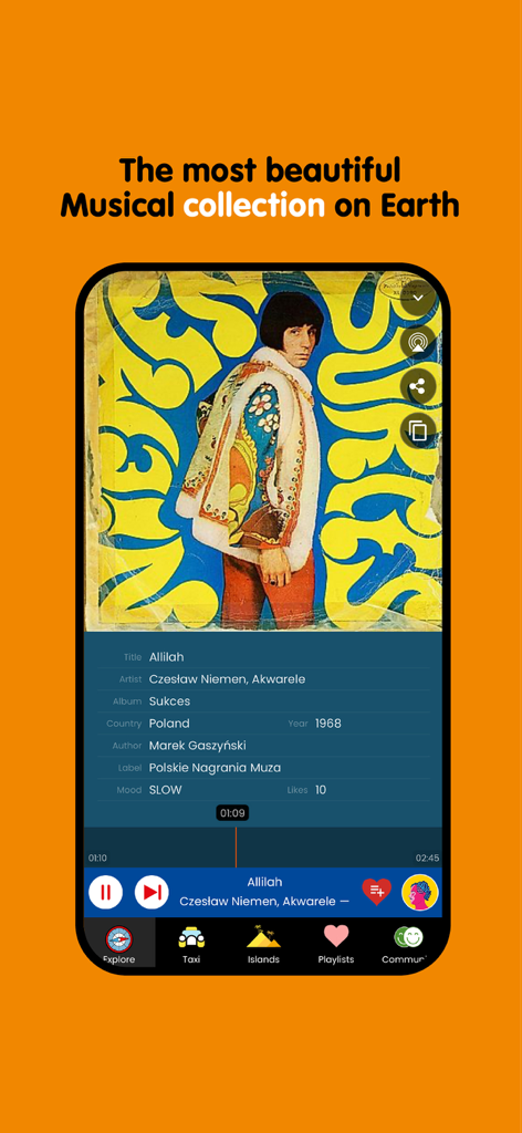 Radiooooo - Radiooooo app interface showcasing a vintage 1968 Polish music track and retro album art.