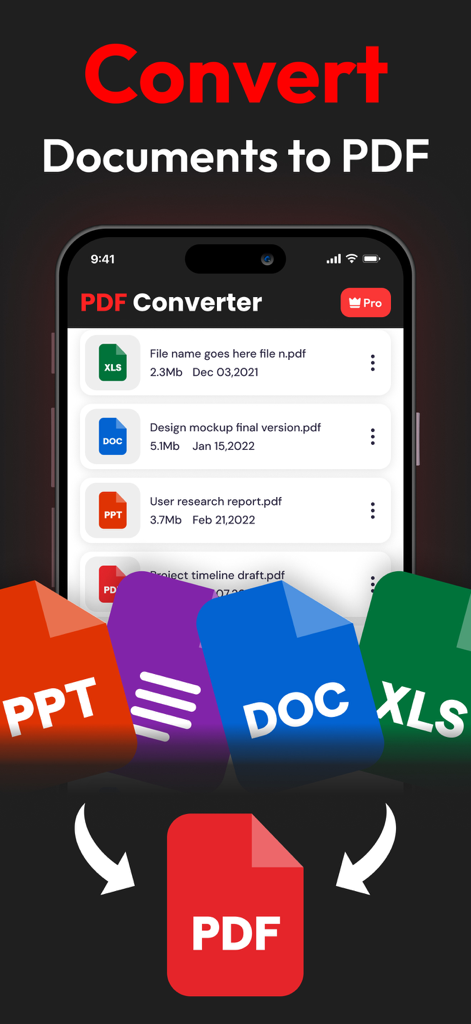 PDF Converterアプリのインターフェース。Word、Excel、PowerPointファイルがPDFに変換されている様子が表示されています。