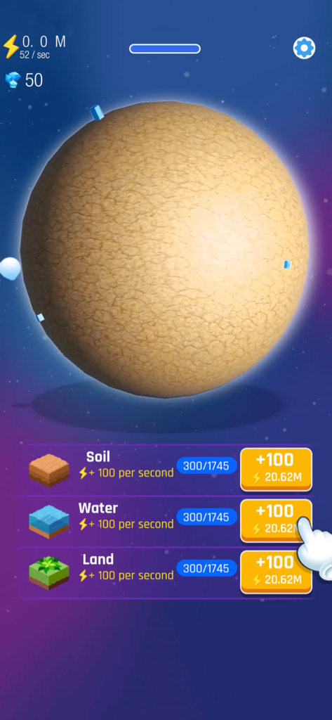 A screenshot of Idle World showing a dry planet and an upgrade menu for soil water and land