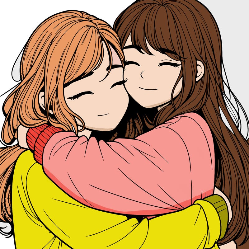 realistic two girls hugging