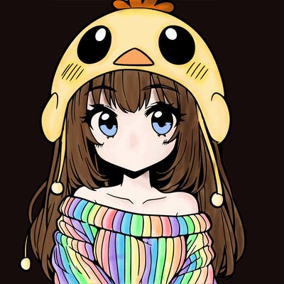 anime girl with chick shaped hat with sweater with bare shoulders with bangs covering them one eye with low tail