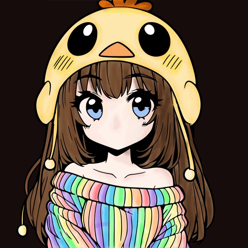 anime girl with chick shaped hat with sweater with bare shoulders with bangs covering them one eye with low tail