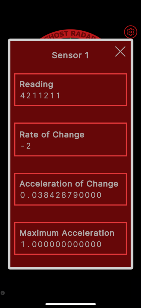 Ghost Radar Classic app interface displaying sensor readings and paranormal data analysis.