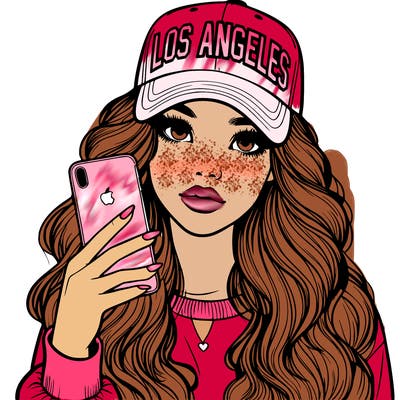 realistic beautiful girl wearing los ángeles cap holding an iphone