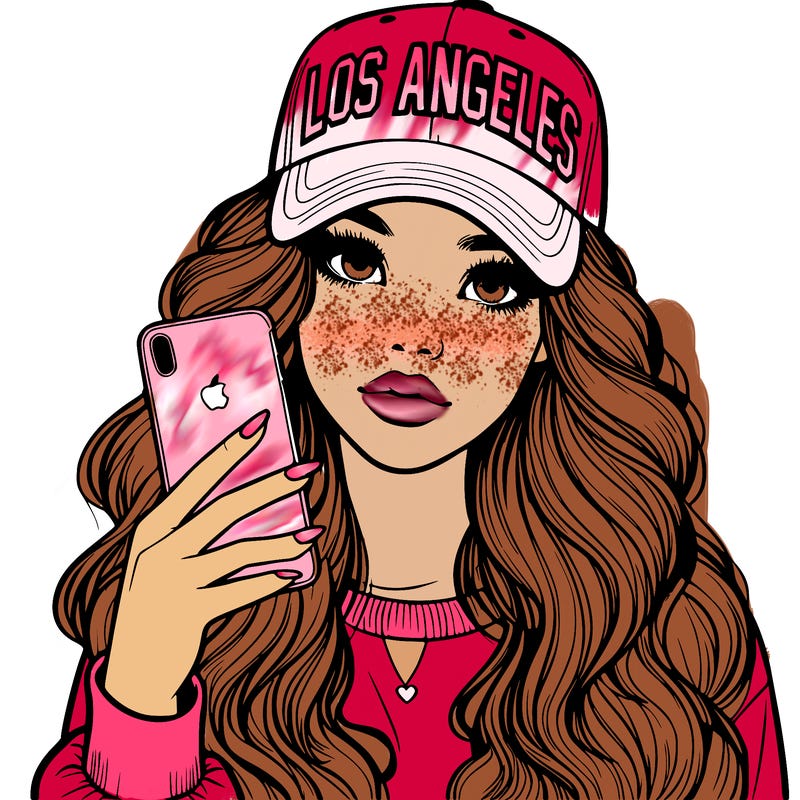 realistic beautiful girl wearing los ángeles cap holding an iphone
