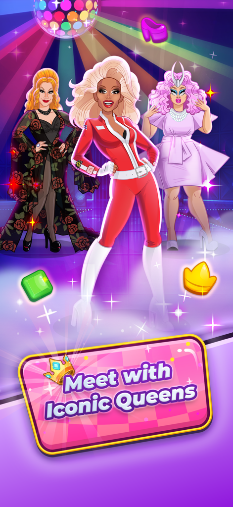 RuPaul's Drag Race Match Queen - RuPaul and iconic drag queens on a colorful stage in RuPauls Drag Race Match Queen mobile game