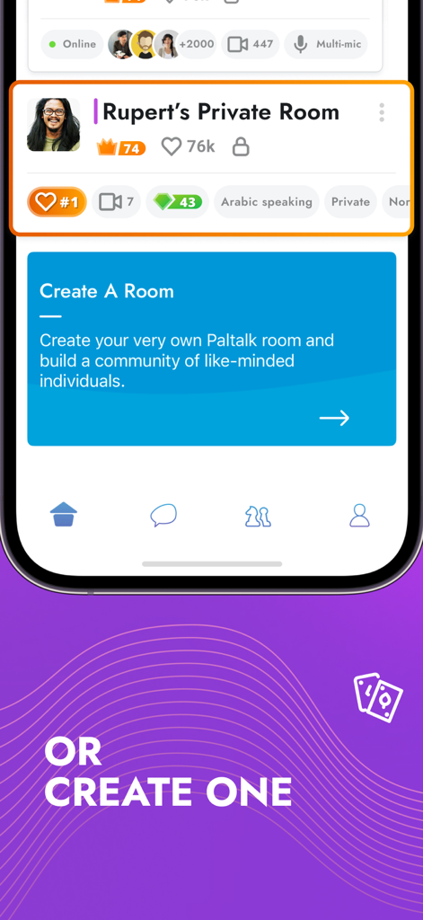 A mobile interface for the Paltalk app showing an option to create a personal chat room and a preview of an existing private room with status badges.