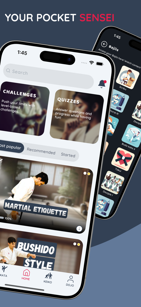 Karate Sensei, Video learning - Karate Sensei mobile app dashboard featuring karate training videos, quizzes, and achievement badges.