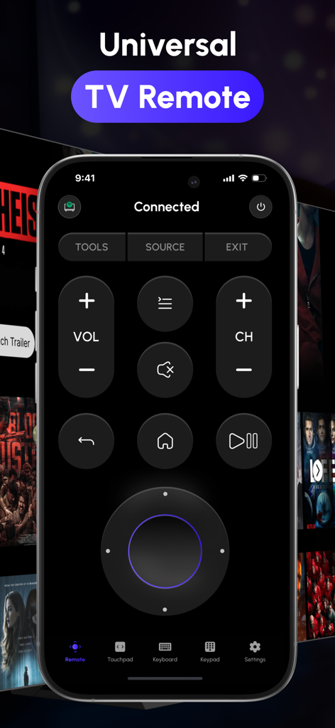 Universal TV Remote Control ‎ - Un smartphone mostrando la interfaz de usuario de una aplicación de control remoto universal de TV con botones de volumen y canal.