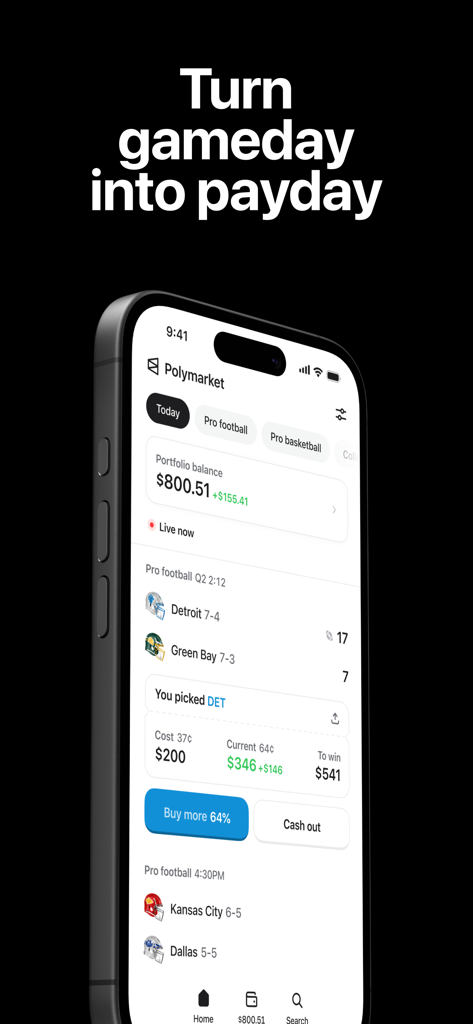 Polymarket app on iPhone showing live football trading and portfolio profit