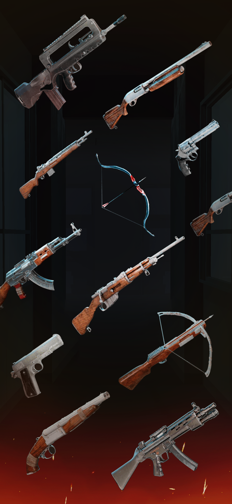 A collection of 3D weapons including assault rifles shotguns pistols a bow and a crossbow for hunting zombies