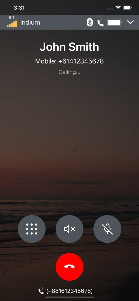 Iridium GO! exec - Iridium GO exec app interface showing an outgoing satellite voice call