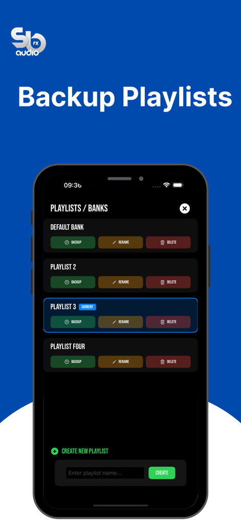 SB AUDIO FX - SB Audio FX App-Oberfläche zeigt den Sicherungs-Playlists-Bildschirm mit Optionen zum Umbenennen und Löschen von Soundbanken.