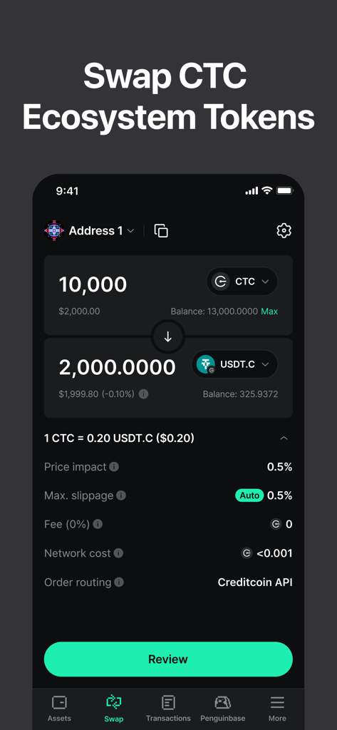 Credit Wallet: Crypto Wallet - Una pantalla de aplicación móvil que muestra la interfaz de intercambio de tokens CTC de Creditcoin a USDT con detalles de la transacción.