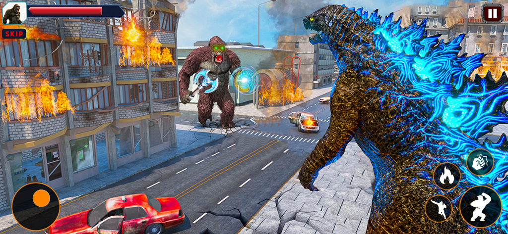 Monster™ King Kong vs Godzilla - Godzilla e King Kong si affrontano in una strada cittadina distrutta con edifici in fiamme.