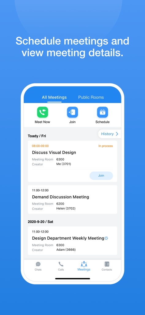 Grandstream Wave - Grandstream Wave mobile app interface displaying a list of scheduled business meetings and buttons to join or schedule new calls.