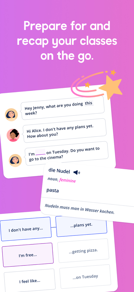 Lingoda app interface showing a chat-based language exercise and a German vocabulary card for pasta.