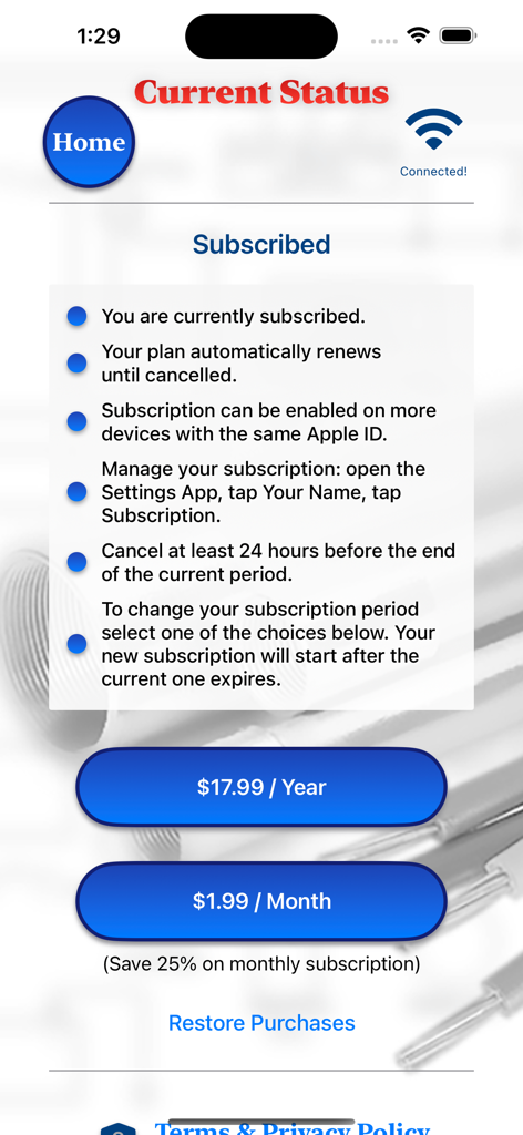 Conduit Filler - Subscription plans and status screen for the Conduit Filler electrical app