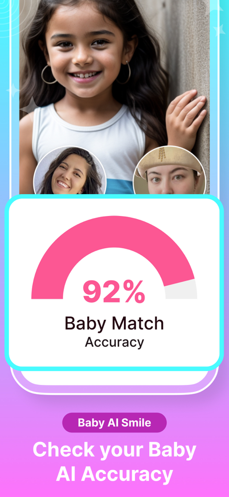 AI Face Generator - Baby Blend - AIベビー生成器。両親と子供の間の92パーセントの精度一致スコアを表示しています