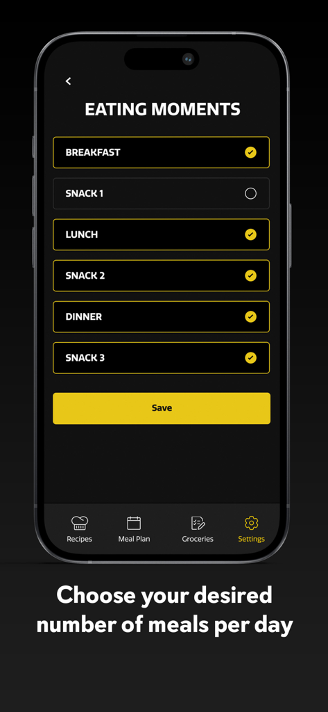 Interface of the 90 Meal Plans app showing a list of daily meal options like breakfast, lunch, and snacks to customize eating frequency.
