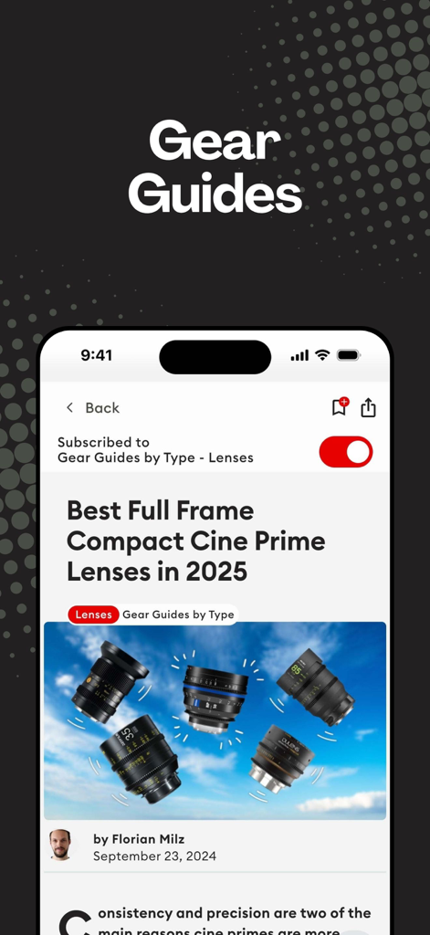 CineD app gear guide article showcasing the best full frame compact cine prime lenses in 2025.