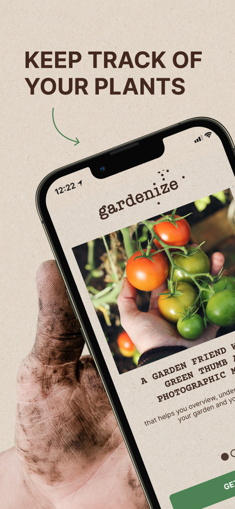 GARDENIZE Plant Care Gardening - A hand with dirt holding a smartphone displaying the Gardenize gardening app with a plant tracking feature