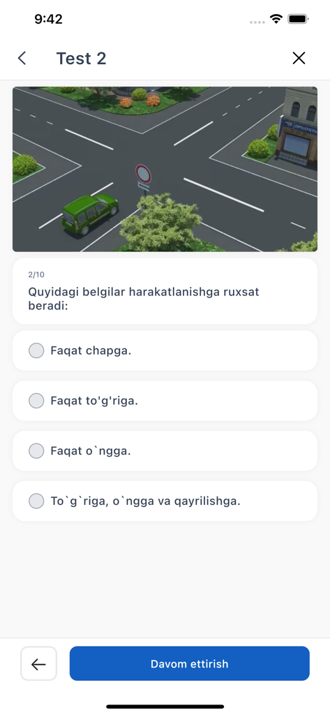 Avto Test - Interface de quiz de l'application Avto Test montrant une question de code de la route avec une illustration d'intersection et des réponses à choix multiples en ouzbek