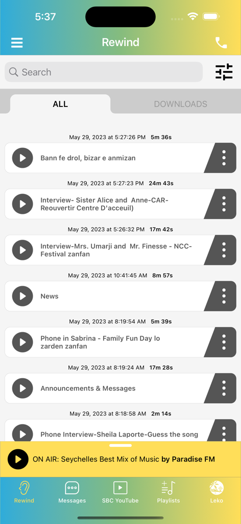 SBC Radio - SBC Radio app Rewind section showing a list of archived interviews and news programs from Seychelles.