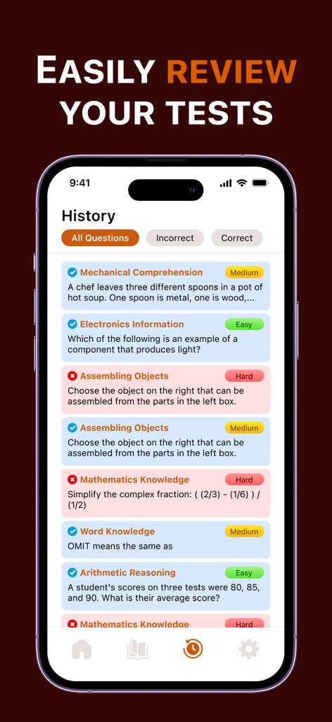 ASVAB Challenge - ASVAB Challenge app test history screen showing review of practice questions and difficulty levels