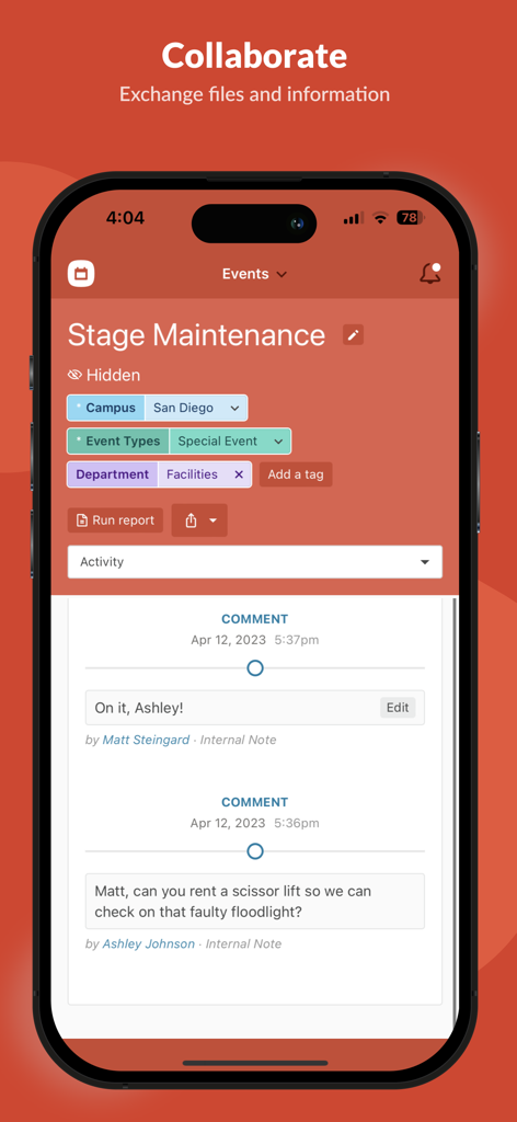Planning Center Calendar app screen showing collaboration comments and details for a stage maintenance event.