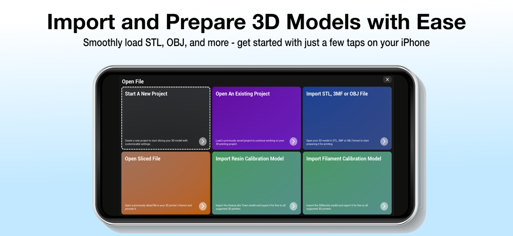 Pikaslice - Pikaslice app interface on iPhone showing options to start a new project or import STL and OBJ 3D model files