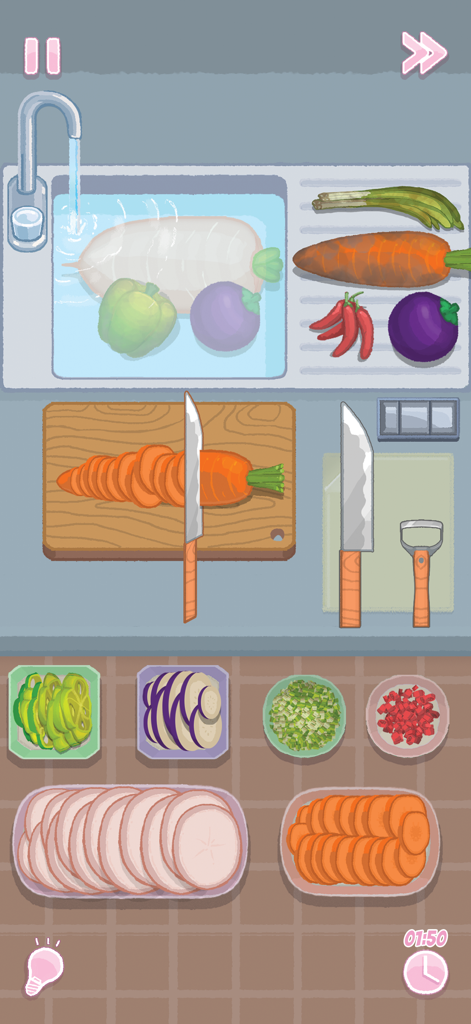Una escena de cocina acogedora en el juego Perfect Tidy mostrando verduras cortadas organizadas y una satisfactoria actividad de picado.