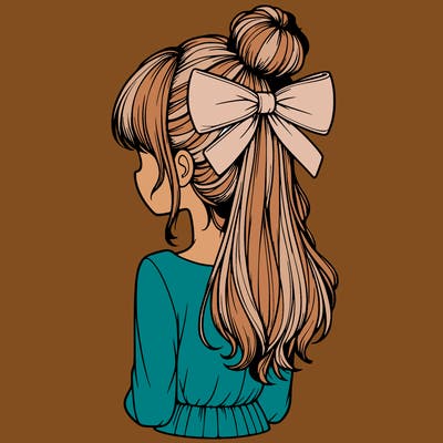 realistic girl  with hip length hair a bun and a big bow on the back of head