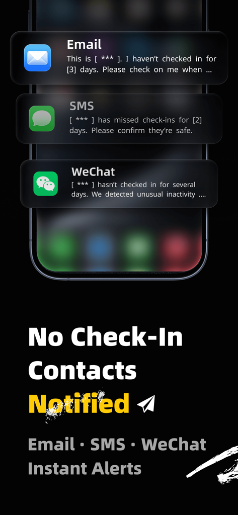 活着吗 - 死了么 - A smartphone displaying emergency check in alerts via email sms and wechat