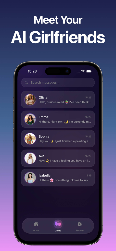 Candy Girl - AI Companion - Uma tela de smartphone mostrando uma lista de diferentes personalidades de IA como Olivia e Emma no aplicativo companheiro Candy Girl.