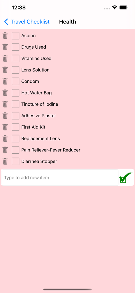 Lista de equipaje de la categoría de salud en la aplicación Lista de Necesidades de Viaje que muestra artículos como aspirina, vitaminas y botiquín de primeros auxilios