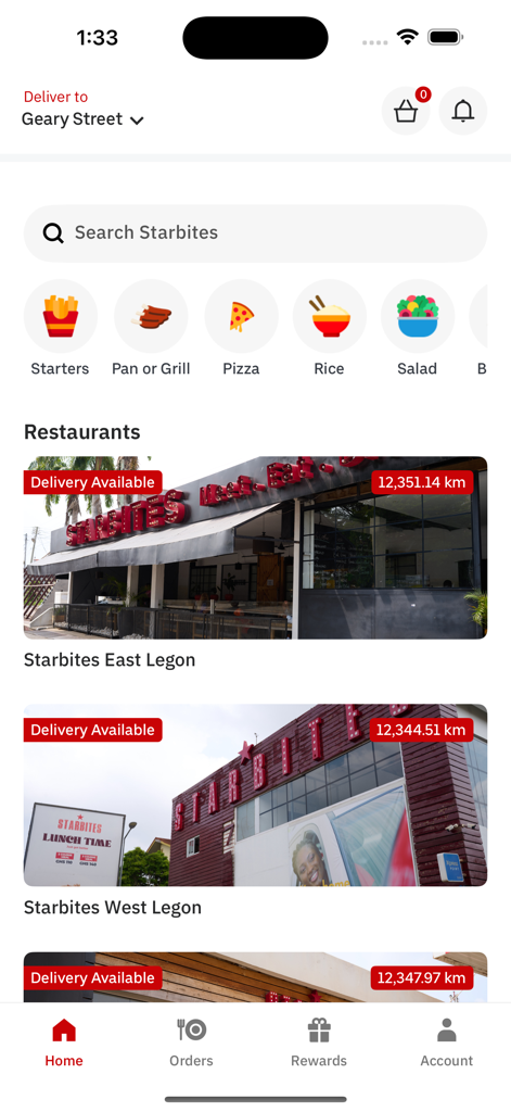 Starbites mobile app home screen showing food categories and nearby restaurant locations like East Legon and West Legon.