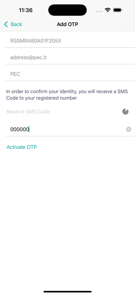Screen showing the activation of a Namirial OTP account with fields for identity verification and SMS code entry