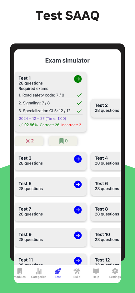 Test SAAQ - Interfaz de la aplicación Test SAAQ que muestra los resultados del examen de práctica y una lista de exámenes disponibles