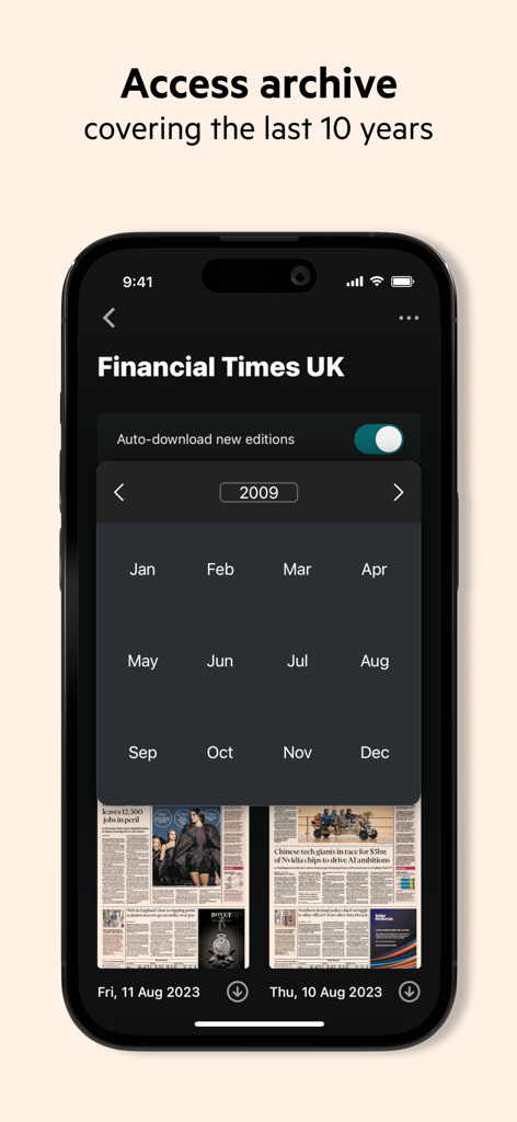 FT Digital Edition - Interfaccia dell'app FT Digital Edition che mostra la funzione archivio per accedere alle edizioni del quotidiano degli ultimi 10 anni.