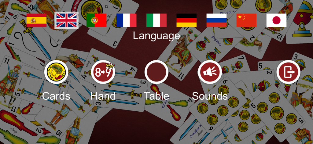 Conquian 333 settings menu with language selection flags and game customization options over a background of traditional Mexican cards