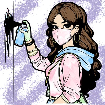 realistic girl with mask spray painting a wall