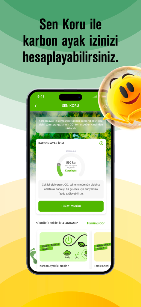 Enerjisa Mobil - Pantalla de la aplicación Enerjisa Mobil mostrando la herramienta de cálculo de huella de carbono Sen Koru