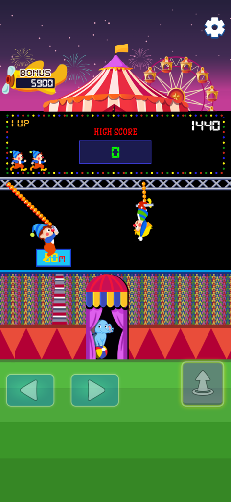 Gameplay-Screenshot der Trapez-Stage in The Circus: Clown Show Mobile Game, der einen schwingenden Clown und die Benutzeroberflächen-Buttons zeigt