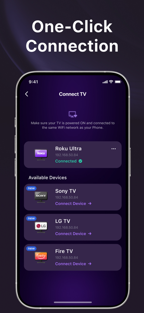 TV Remote: Roku Remote Control - Interface do aplicativo de controle remoto de TV mostrando uma lista de Smart TVs disponíveis para conexão com um clique via Wi-Fi.