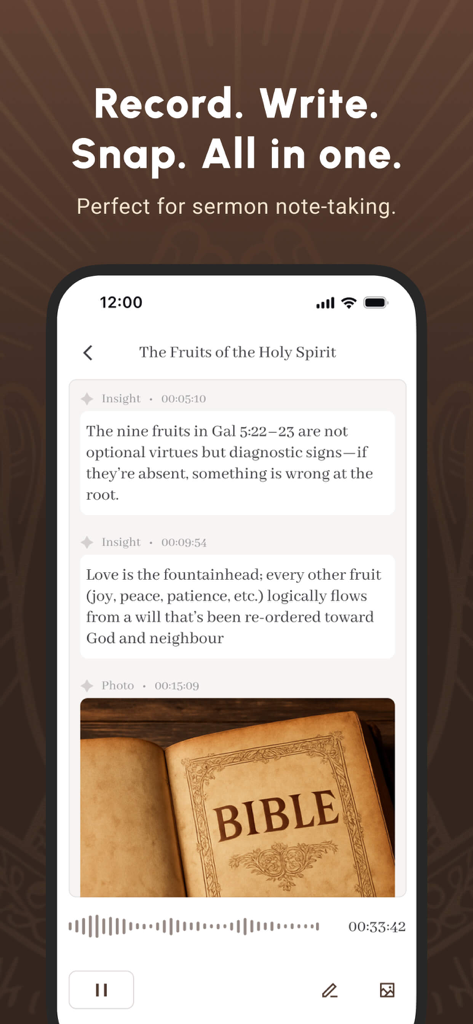 Bible Note Taker & Recorder - 説教録音とノート作成のための聖書ノートテーカーアプリのインターフェース