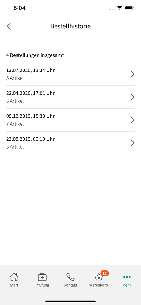 View of the order history screen in the WERO app showing a list of past first aid supply orders
